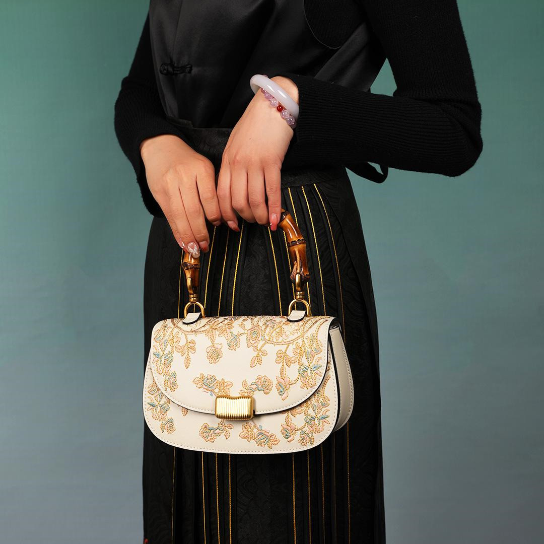 Cowhide Embroidery Ladies Bamboo Handbag - Image 6