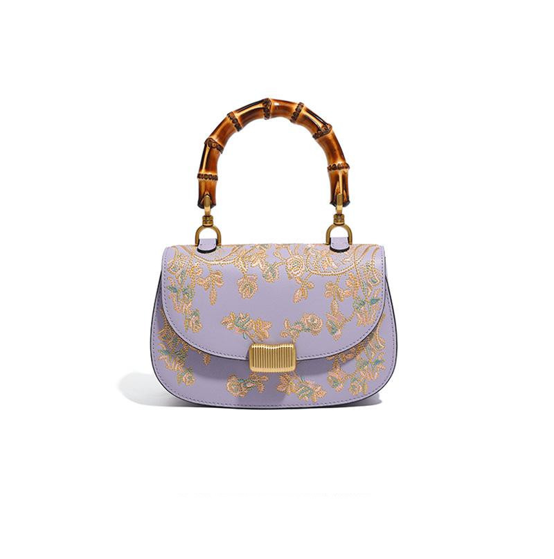Cowhide Embroidery Ladies Bamboo Handbag - Image 4