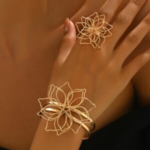 Elegant Geometric Lattice Flower Ring, Double-Layer Smooth Open Adjustable Bracelet With Inlaid Lattice Line Flower Bracelet